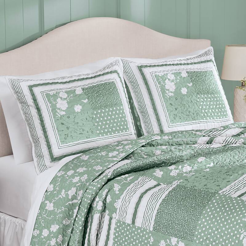 Payton Floral Stripe Patchwork Scalloped Edge Pillow Sham - Sage