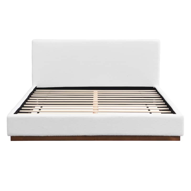 Elegant White Fabric Upholstered Bed with Solid Wood Base Frame, King/Queen Size