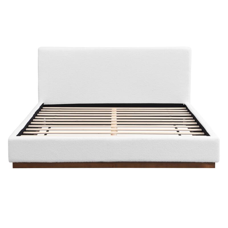 Upholstered Bed Frame with Headboard, Solid Wood Base Floor Platform Bed Frame for Bedroom, No Box Spring Needed No Noise/White