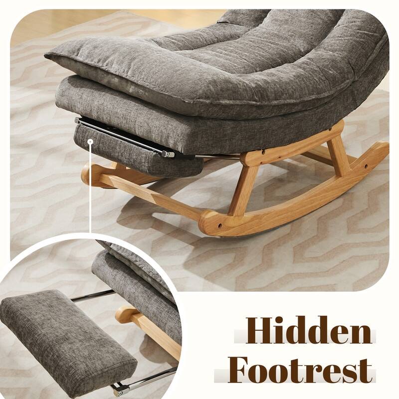 Fabric Upholstered Rocking Chair with Solid Wood Base and Hidden Footrest – Ergonomic Dual-Cushion Design