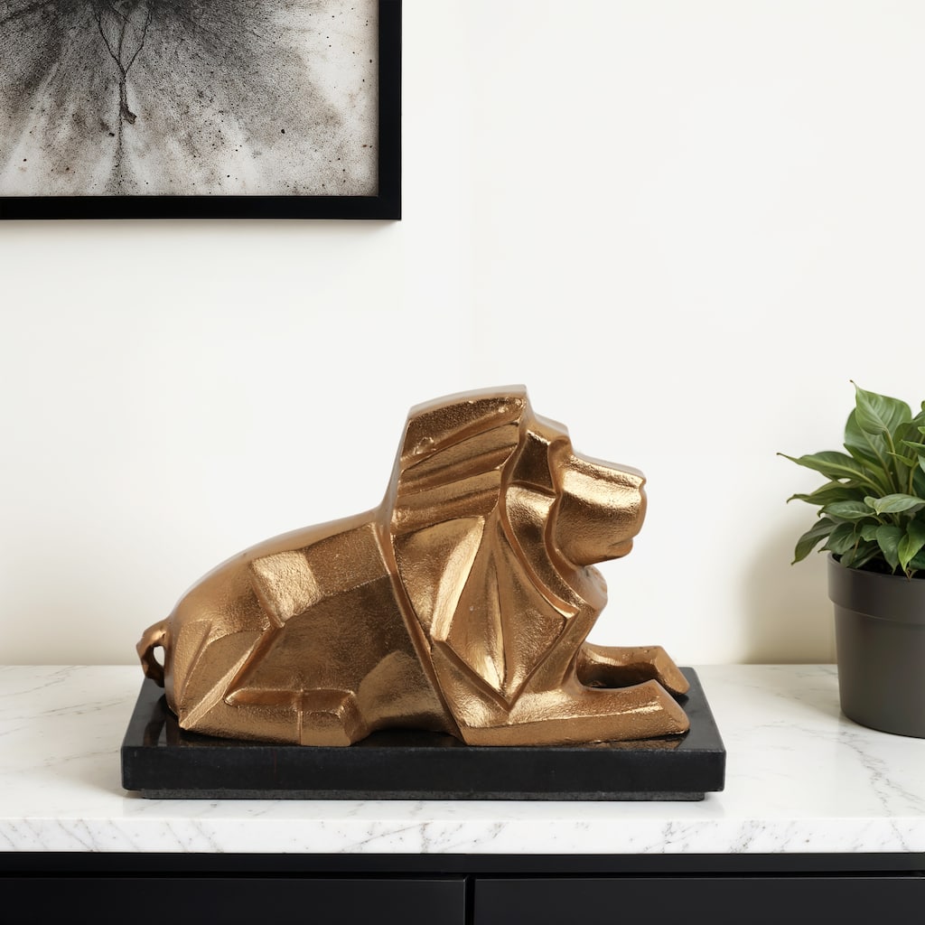 Metal Stone Sculpture Lion Design Modern Glam Accent - 8" Gold - 12" x 6" x 8"
