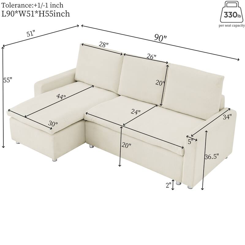L Shaped Sofa Convertible Pull-out Sleeper Sofa Bed, Living Room Sectional Daybed with Storage Chaise, Corduroy Recliner