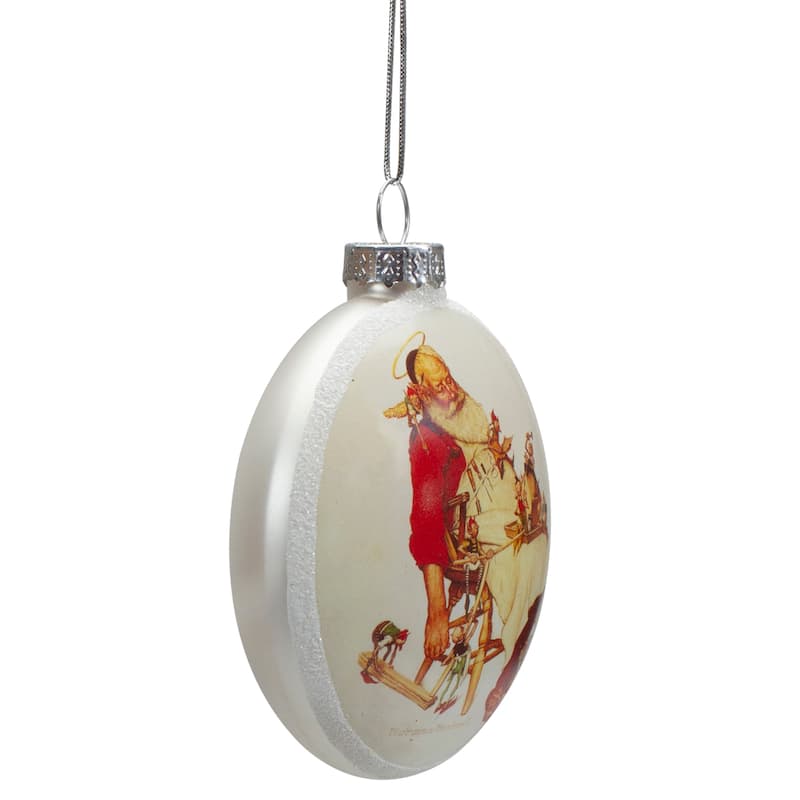 3" Norman Rockwell 'Santa His Helpers' Glass Christmas Disc Ornament