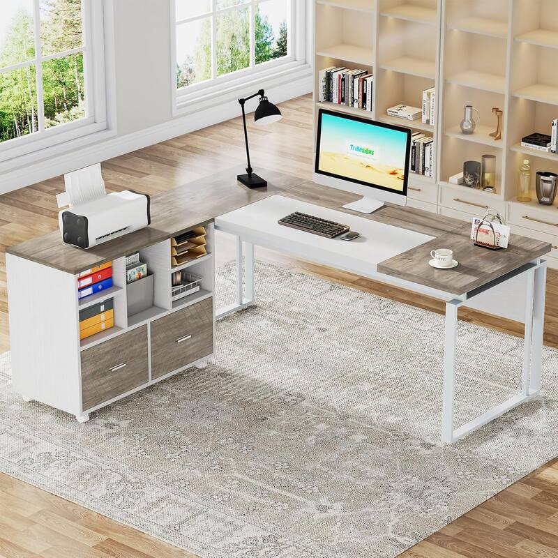 63" L-Shaped Executive Desk Reversible File Cabinet Combo, Office Computer Desk Set with Storage Drawers - Grey＋White
