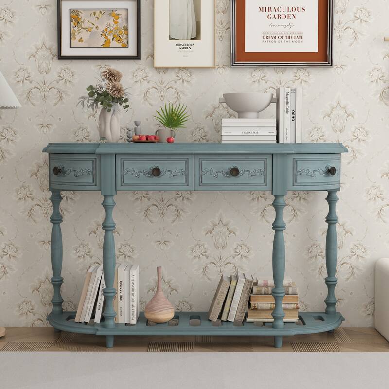 Vintage Carved, Roman Legs Combined Entry Table - Antique Blue