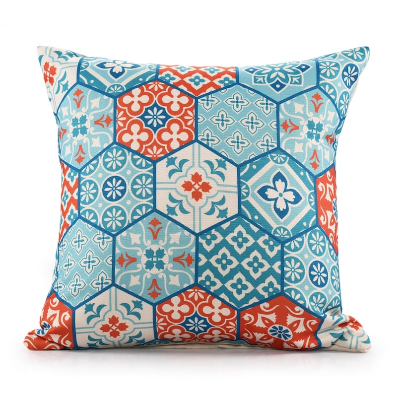 Handwoven Mosaic Moroccan Patchwork Square Throw Pillow - 20" - Teal Blue and Orange