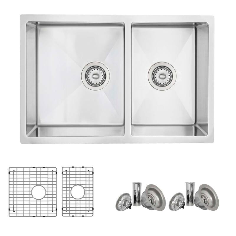 stylish 28 inches L x 18 inches W Double Bowl 60/40 Reversible Undermount Stainless Steel Kitchen Sink with Strainers