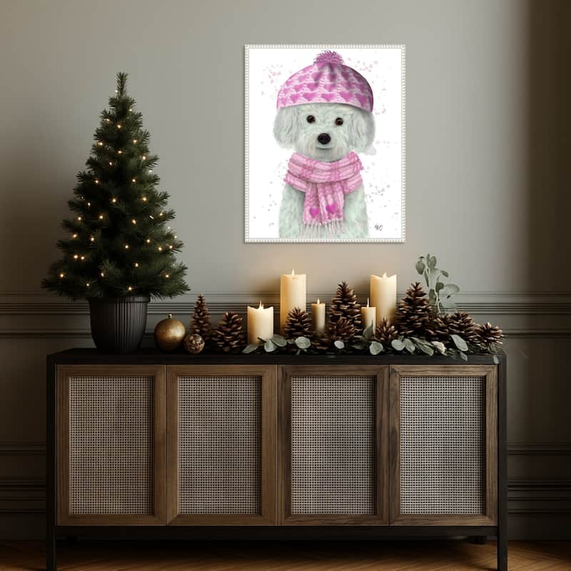 Bichon Frise in Pink Bobble Hat by Fab Funky (23 x 28 in.), Framed Canvas Wall Art Print - Sylvie Beaded White