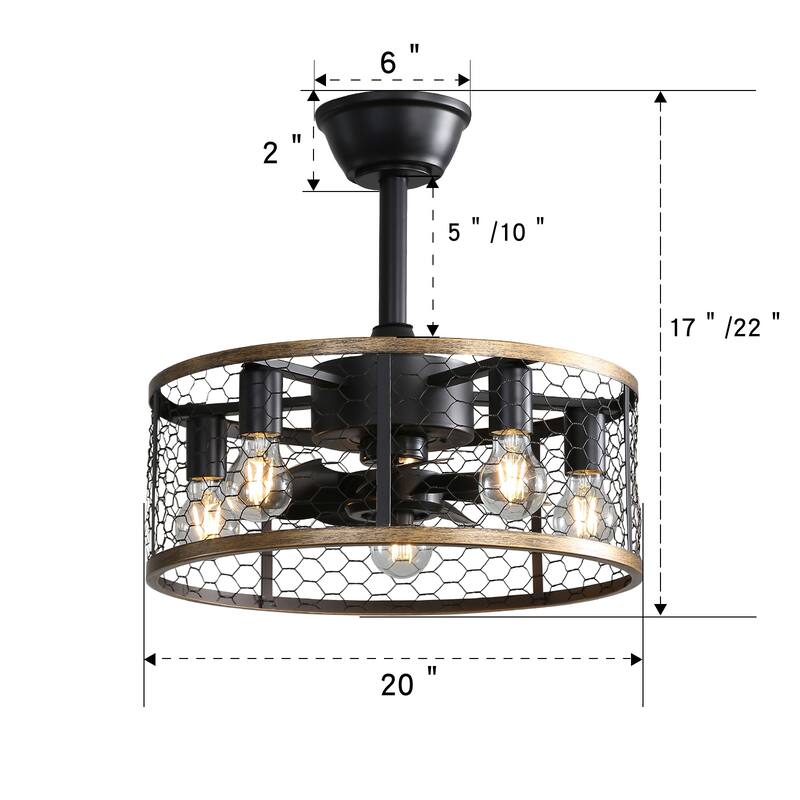 Modern Cage Style Ceiling Fan Light with Lighting and 6-Speed Adjustment, Reversible Motor for Bedroom and Lounge Area