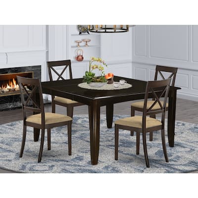 5 Piece Dinette Set - Square Dining Table with Leaf & 4 Fabric Chairs - 54 Inch Cappuccino