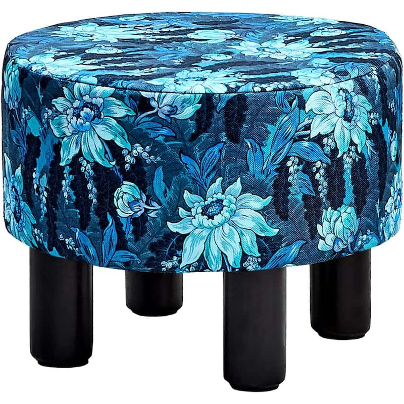 Modern Small Round Linen Ottoman Footstool with Wooden Legs for Bedroom or Living Room - Blue