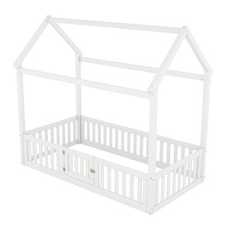 Wood House Bed with Fence and Door for Kids Rooms