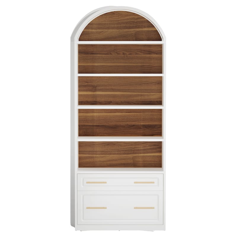 5-Tier White Arched Bookshelf with File Cabinet Drawer, 76.8" Tall Freestanding Wooden Bookcase