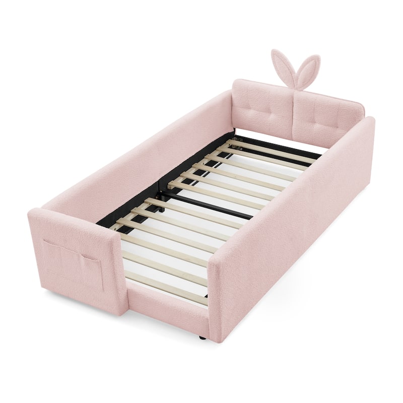 Twin Size Platform Bed Upholstered Bed with Safety Rail and Pocket, Kids Bed with Rabbit Ear, Skin-friendly Boucle Fabric
