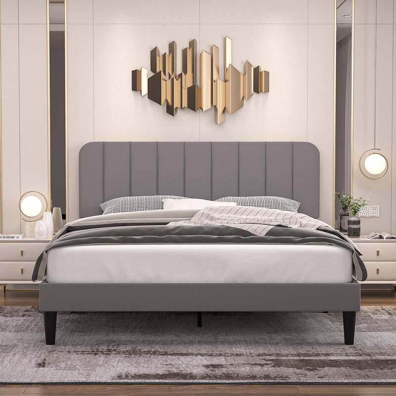 Javlergo Upholstered Bed Frames with Height-adjustable Headboard - Dark Grey - Queen