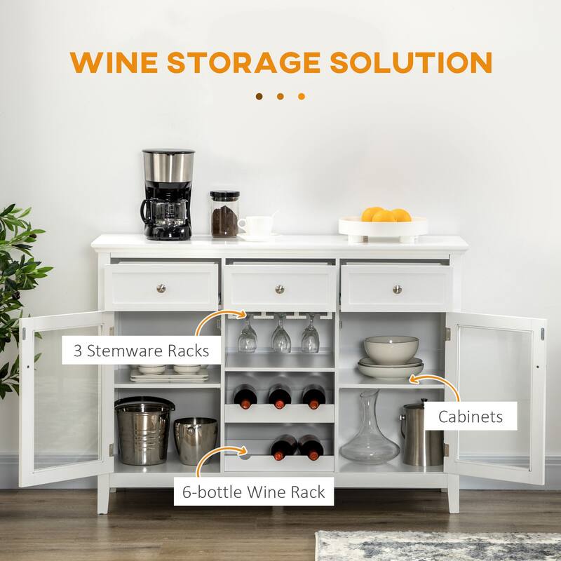 Coffee Bar Cabinet with 3 Drawers, 6-Bottle Wine Rack, Stemware Racks, Glass Door, Sideboard Cabinet, Wine Cabinet