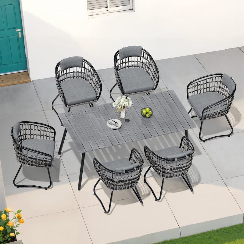 7-Piece Set Outdoor Patio Aluminum Dining Table and PE Rattan Wicker Dining Chairs - 70.87 inches long grey table with grey chairs