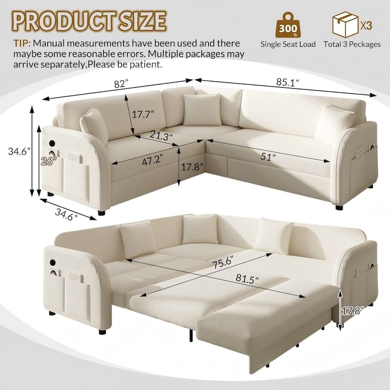 85.1" Teddy Upholstered Sofa with Pull-Out Bed and USB Port