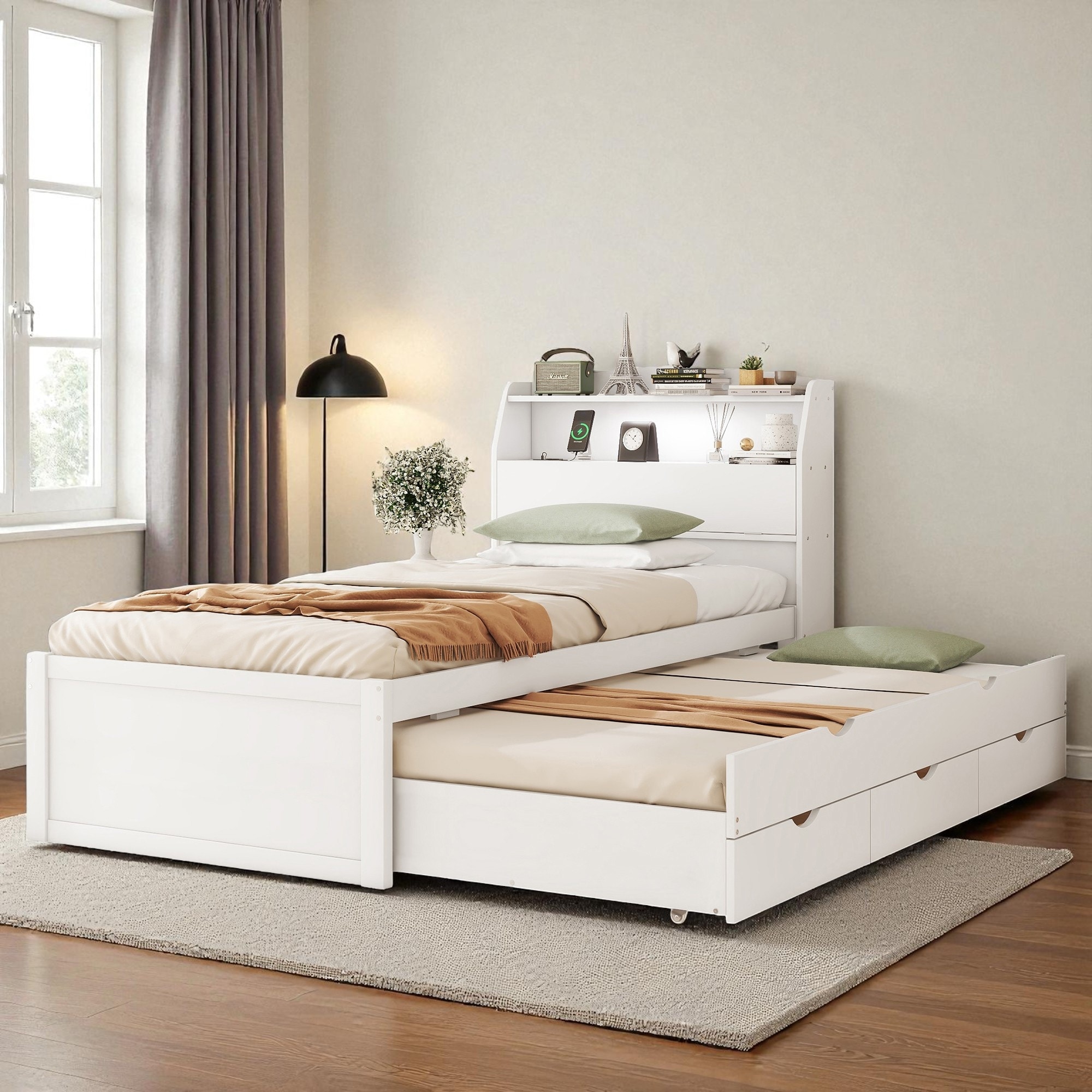 Twin LED Platform Bed with Trundle, Storage Headboard & Drawers, Wooden Kids/Teens Bed with USB Charging Ports