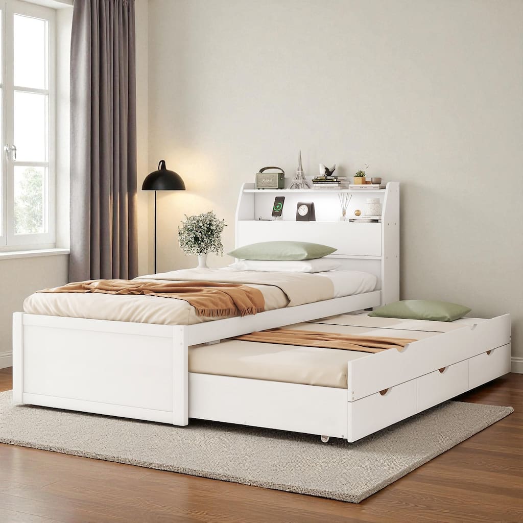 Twin LED Platform Bed with Trundle, Storage Headboard & Drawers, Wooden Kids/Teens Bed with USB Charging Ports