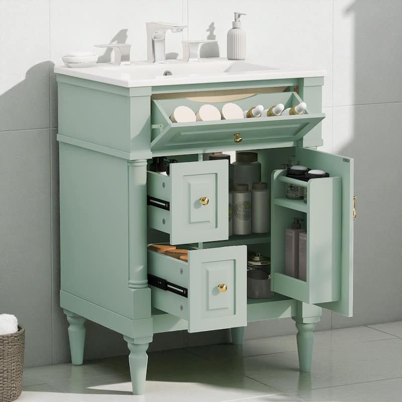 24" Freestanding Bathroom Vanity with Ceramic Sink, Solid Rubberwood Frame, Flip Drawer & Adjustable Shelf