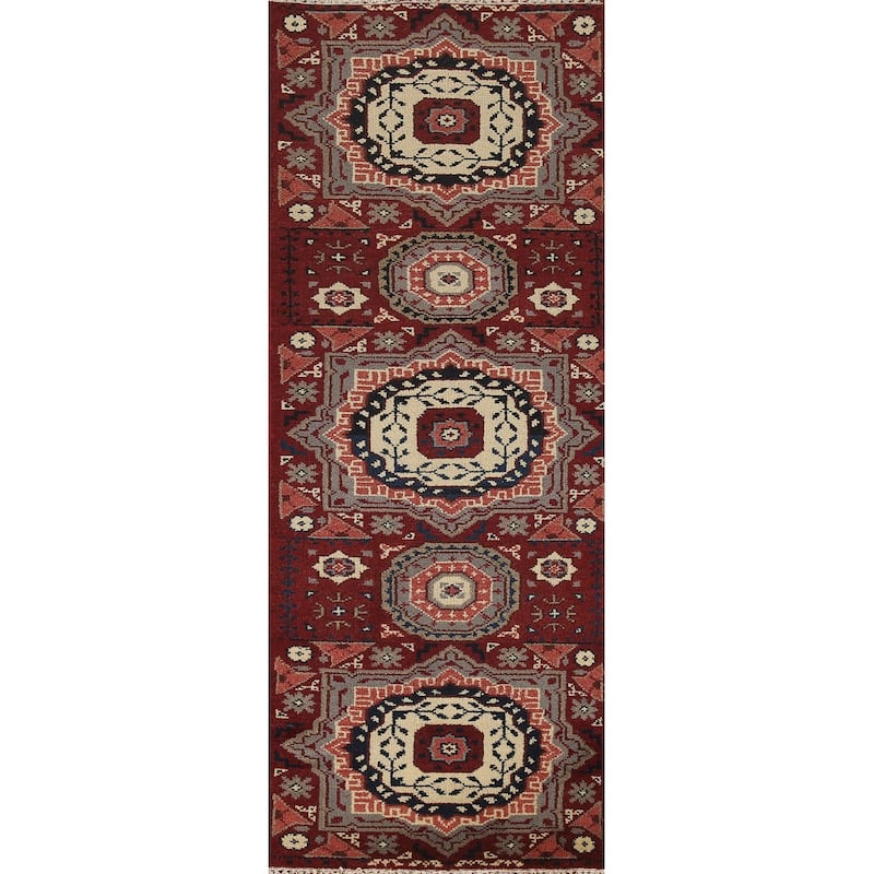Red Geometric Kazak Indian Runner Rug Hand-Knotted Wool Carpet - 2'6"x 8'1"