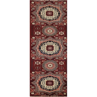 Red Geometric Kazak Indian Runner Rug Hand-Knotted Wool Carpet - 2'6"x 8'1"