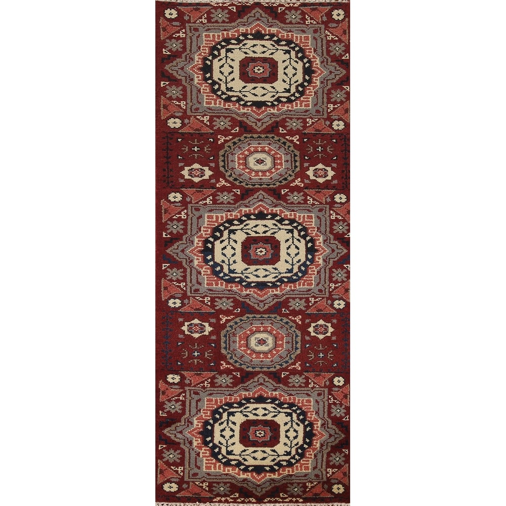Red Geometric Kazak Indian Runner Rug Hand-Knotted Wool Carpet - 2'6"x 8'1"