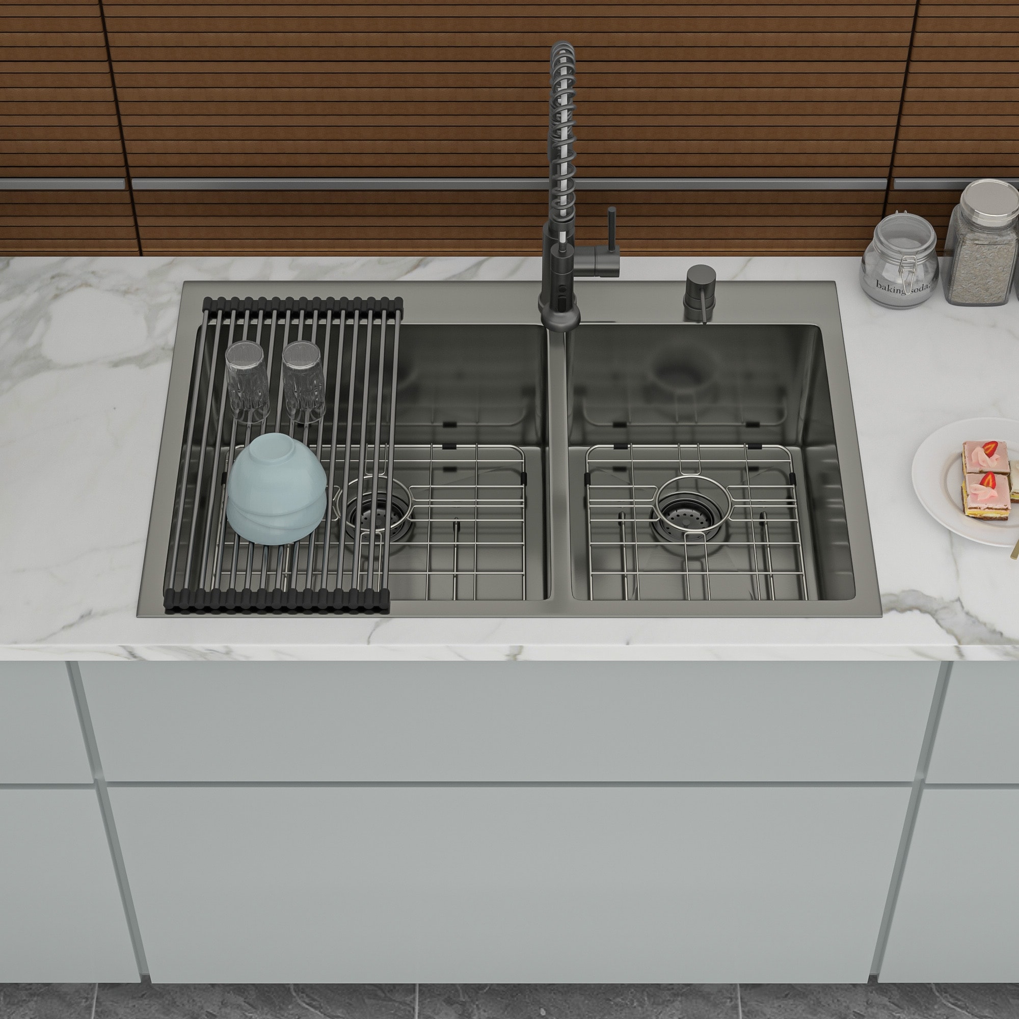 33 Inch. Drop-in Double Bowl Stainless Steel Kitchen Sink with Bottom Grid