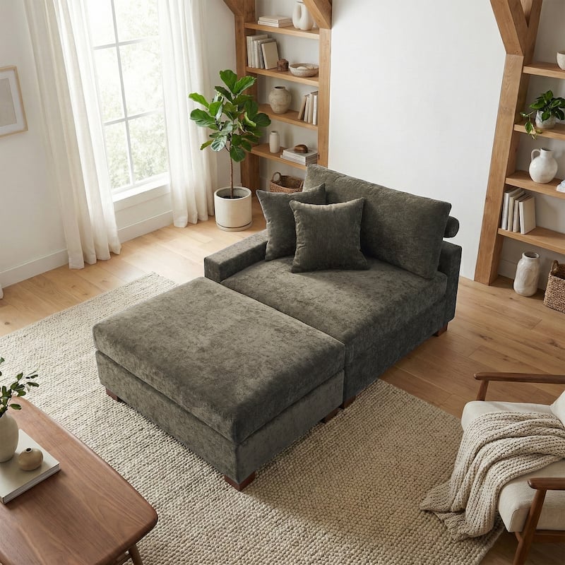 Oversized Chenille Modular Armchair And Ottoman Set Living Room Set