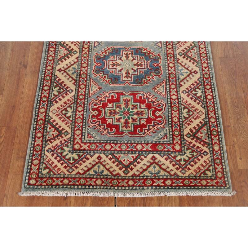 Geometric Kazak Oriental Runner Rug Hand-Knotted Wool Carpet - 2'8" x 12'2"