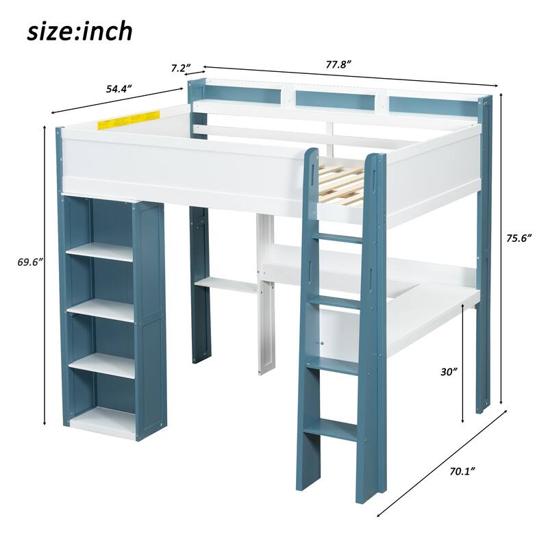 Full Size Wood Loft Bed with Storage, Desk, and Clothes Rail in White and Blue