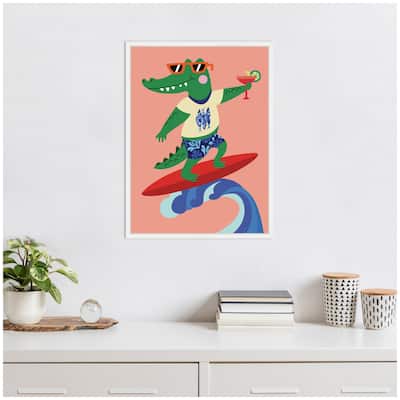 Kate and Laurel Sylvie Surfer Crocodile Framed Canvas by Rachel Lee