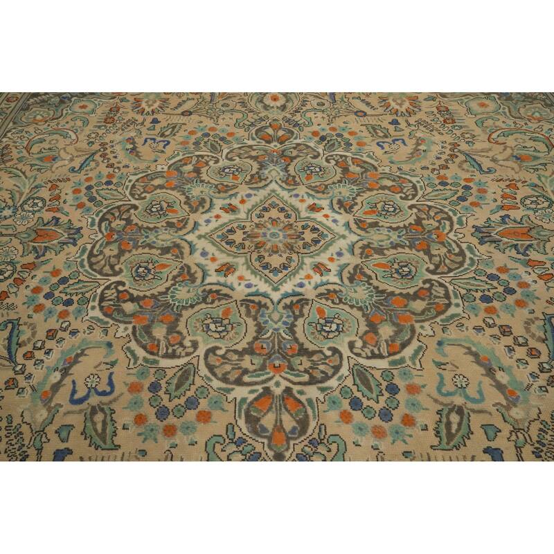 Hand Knotted Oriental 100% Wool Carpet Traditional Floral Beige & Ivories Tabriz Area Rug - 12' 5'' X 9' 10''