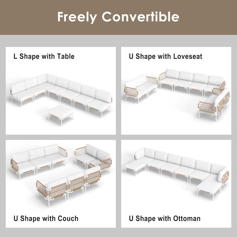 Outdoor Aluminum Cushioned Sectional Sofa Chat Set PE Rattan Patio Conversation Seating Set