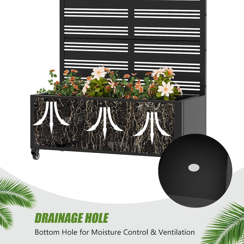 Metal Galvanized Planter Box with Trellis Privacy Screen Lockable Wheels Set of 2