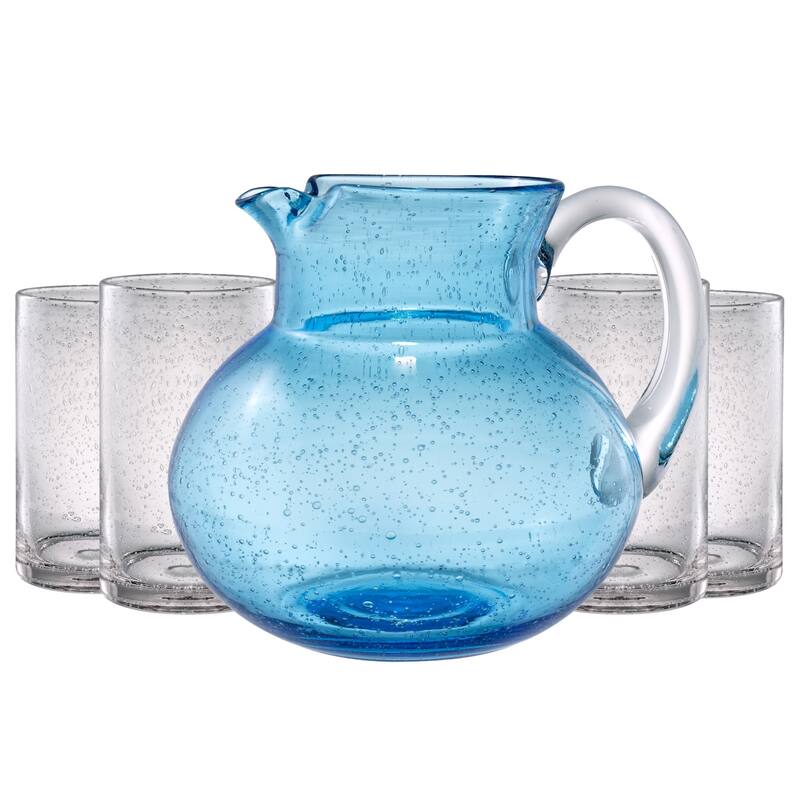 Artland Iris Pitcher with Highball Glasses - 9" L x 7.6' W x 7.3" H - Clear Glasses and Turquoise Pitcher