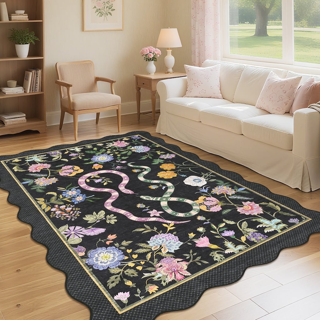 Garvee Scalloped Botanical Animals Area Rug