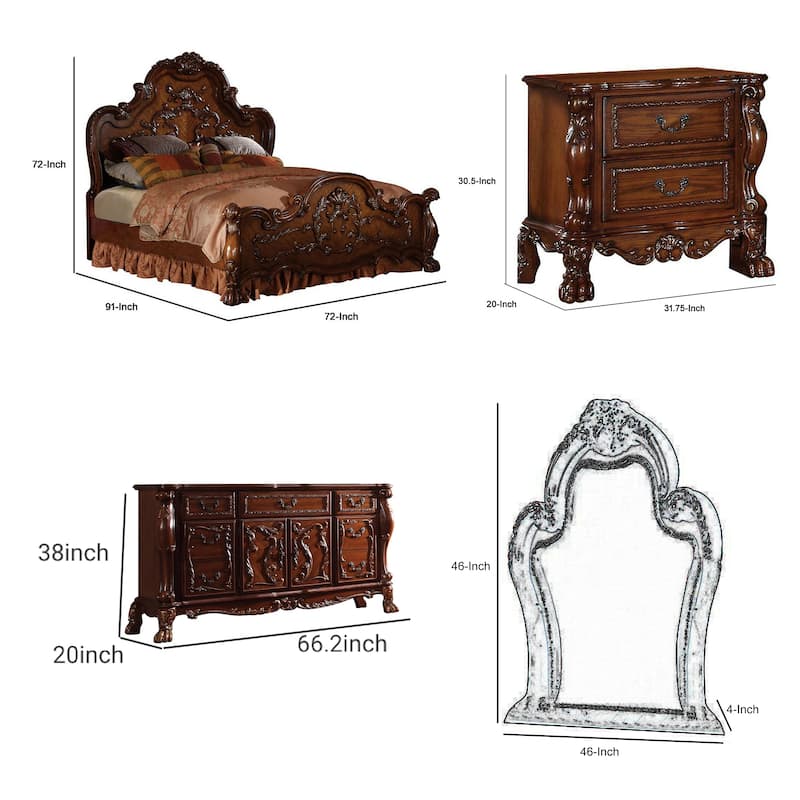 Rosy Four Piece Queen Bedroom Set, Raised Inlay Moldings, Cherry Oak Brown