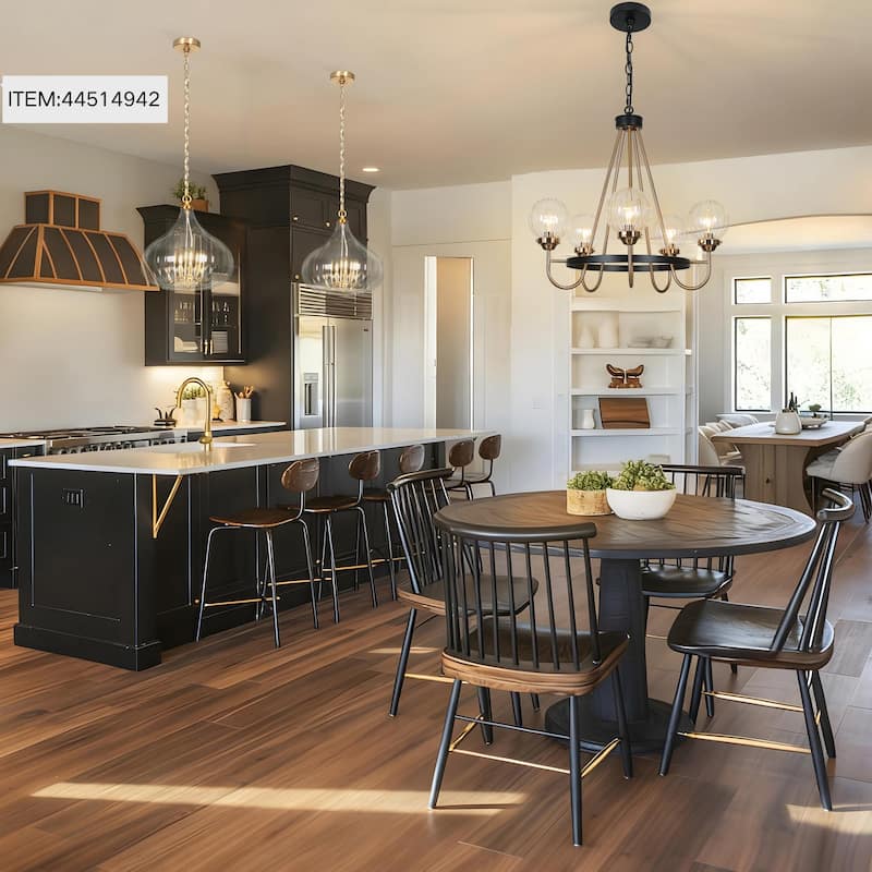 Modern 5-Light Black Gold Wagon Wheel Chandelier Glass Pendant Light for Dining Room - 22" D x 21.5" H