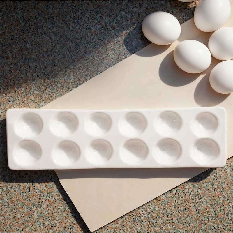 Stoneware Egg Holder - 14.5"L x 4.13"W x 0.5"H - Cream