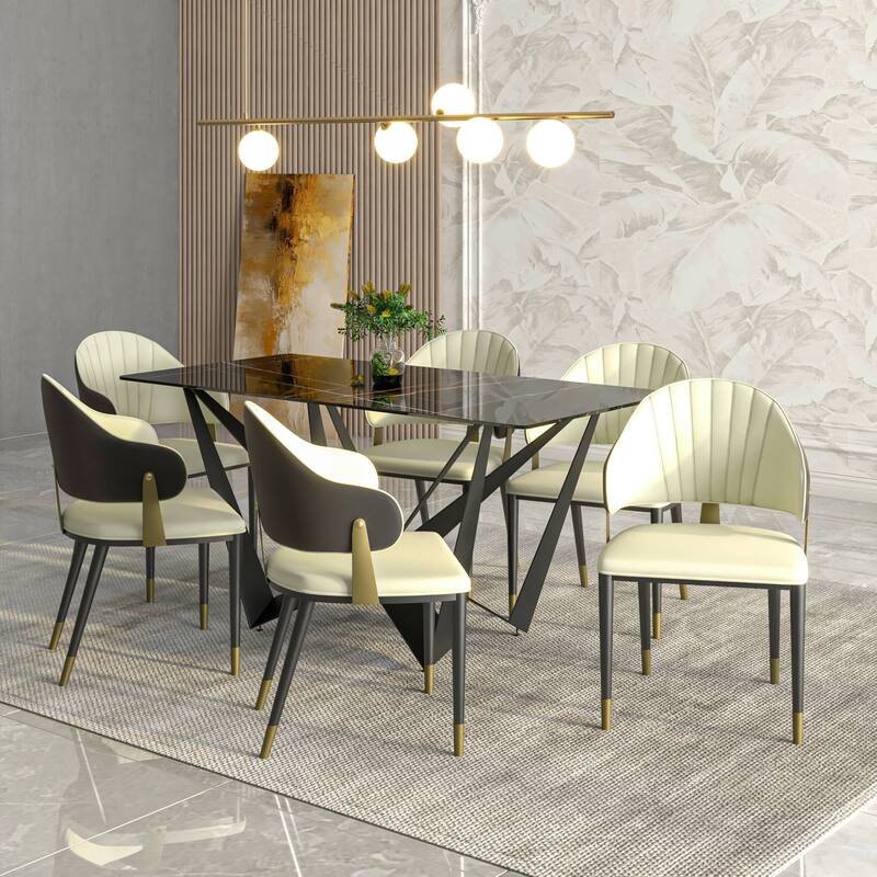 Leather Dining Chair in Iron Set of 2 with Gold Accents Design Modern Ergonomic Side Arm Chair