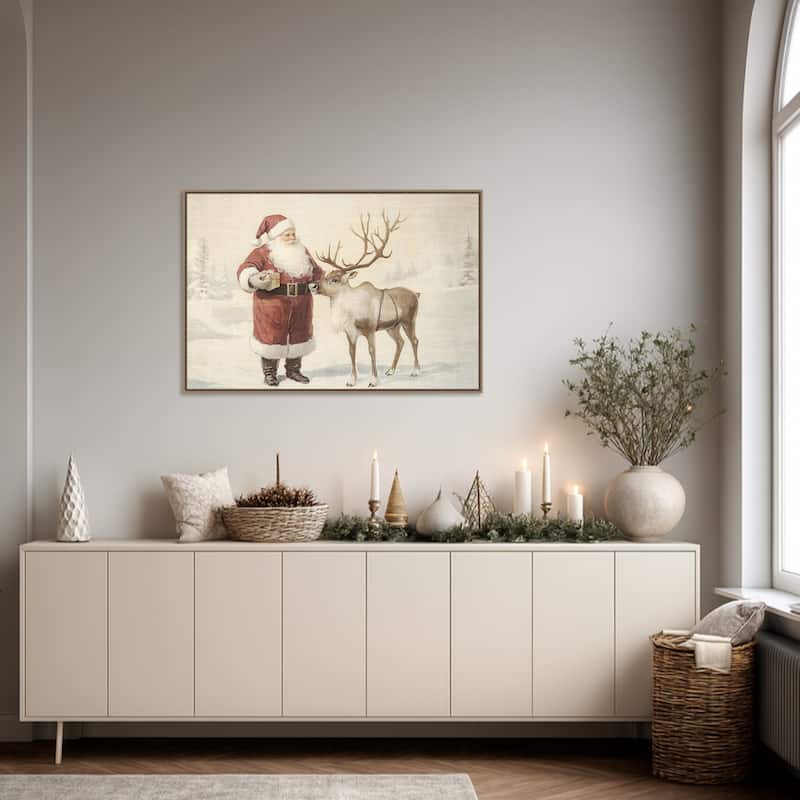Santa Claus with Reindeer in Winter Wonderland by Melloi Art Prints Framed Canvas Wall Art Print - Sylvie Beaded Dark Gold