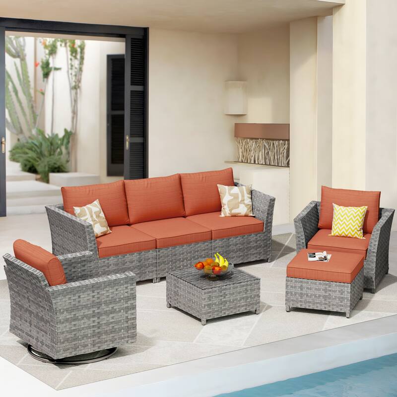HOOOWOOO 7-piece PE Wicker Outdoor Furniture Sectional Set with Swivel Rocking Chair - Red/Orange