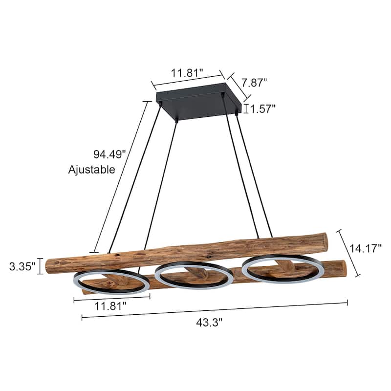 3/5-Light Integrated LED Linear Wood Chandelier Kitchen Island Pendant Light