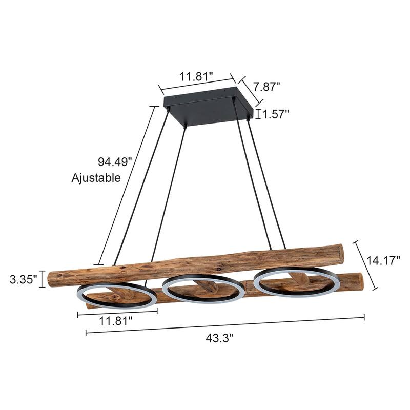 Rustic Wooden Dimmable Integrated LED Linear Pendant Light Adjustable Kitchen Island Lights - W 43.3"