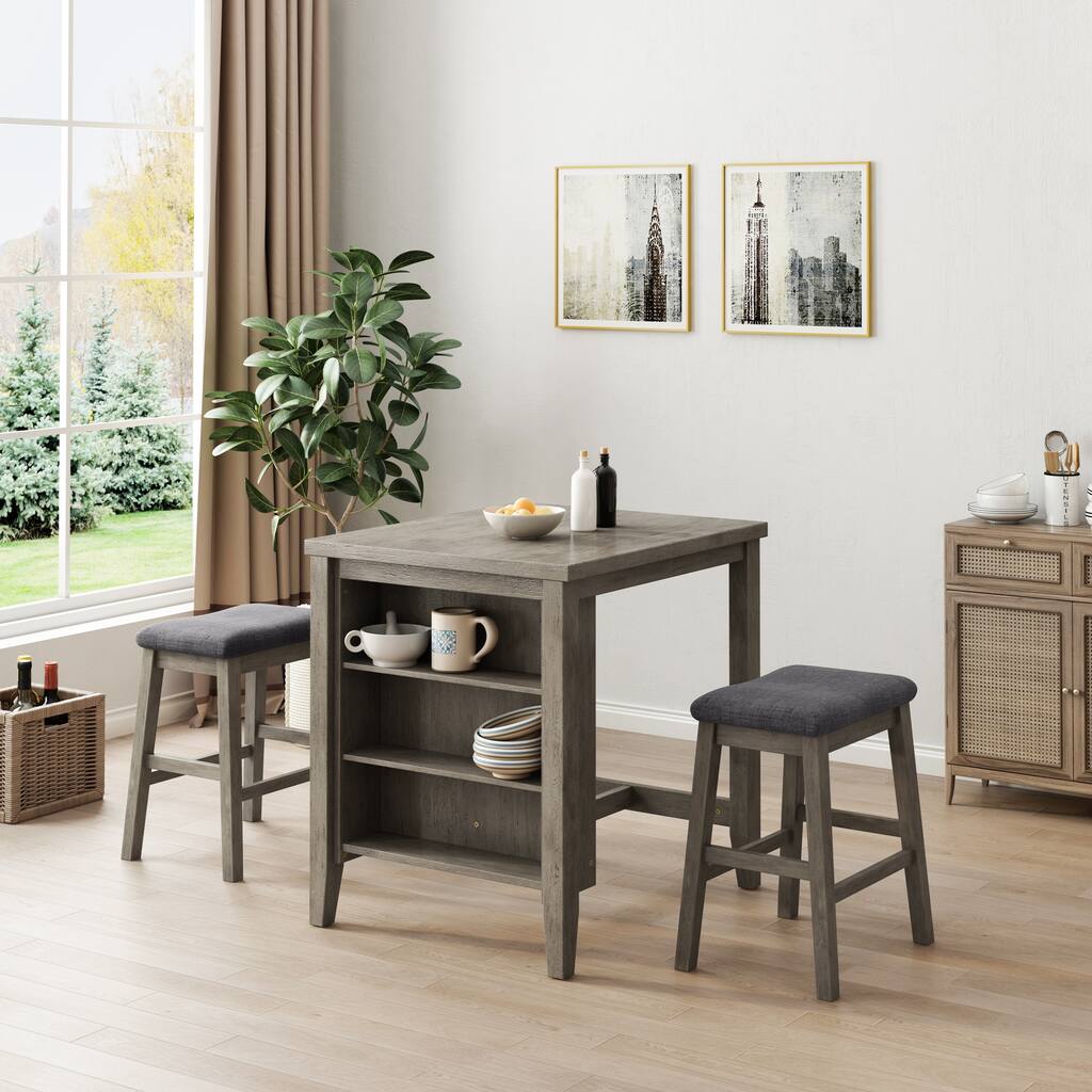 3 Piece Dining Table with Padded Stools,Table Set with Storage Shelf
