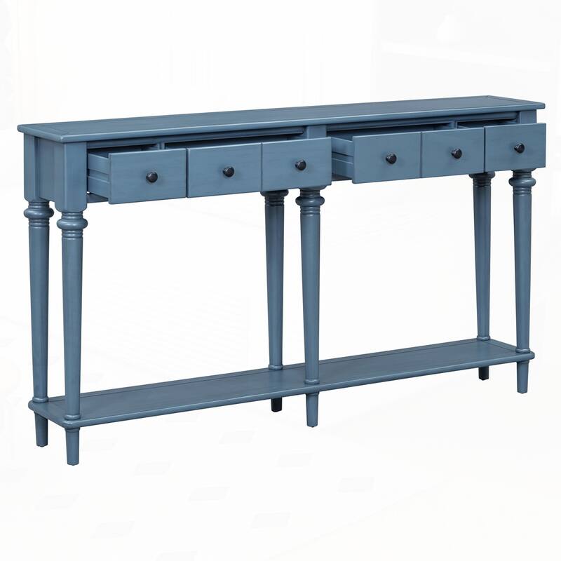 Retro Console Table with Open Shelf and 4 Drawers for Entryways