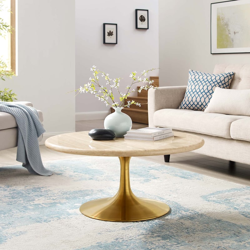 Lippa 36" Round Artificial Travertine Coffee Table