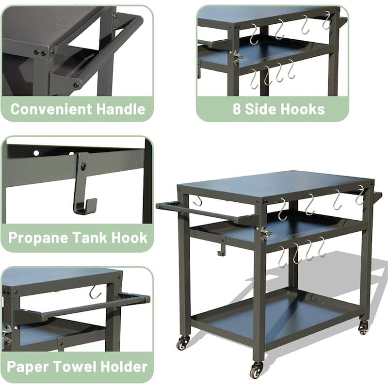 GDFStudio - Kendrick 3-Tier Outdoor Grill Table with Rolling Wheels and Multifunctional Prep Surface